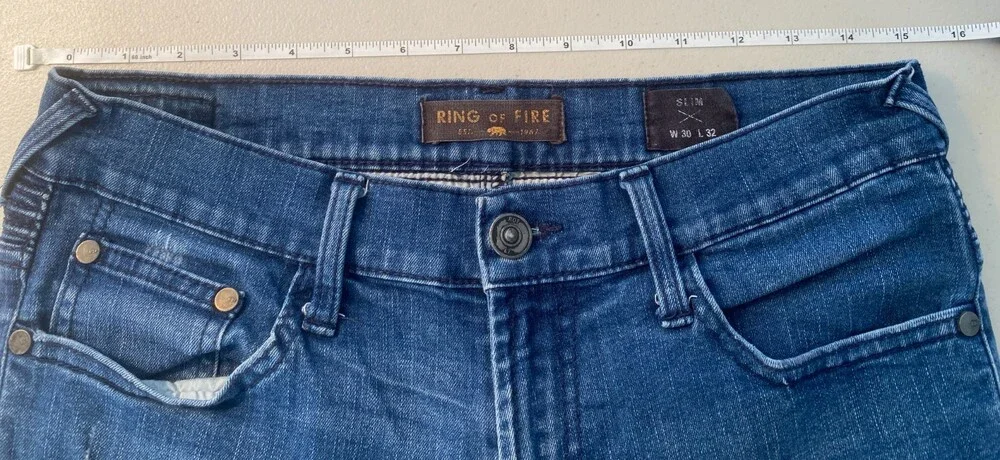 Ring of Fire Men's Moto Biker Jeans 30x32 Medium Blue Distressed Ribbed Knee